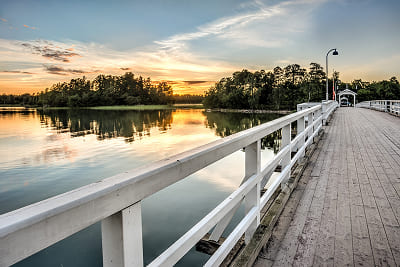 Wooden bridge to Seurasaari island with green forest